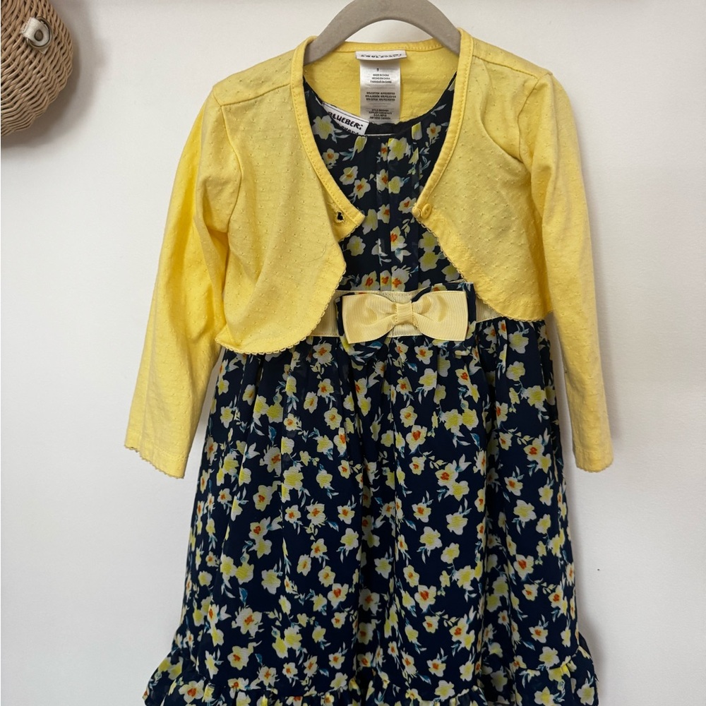 Yellow and Blue Floral Kids Dress with Cardigan